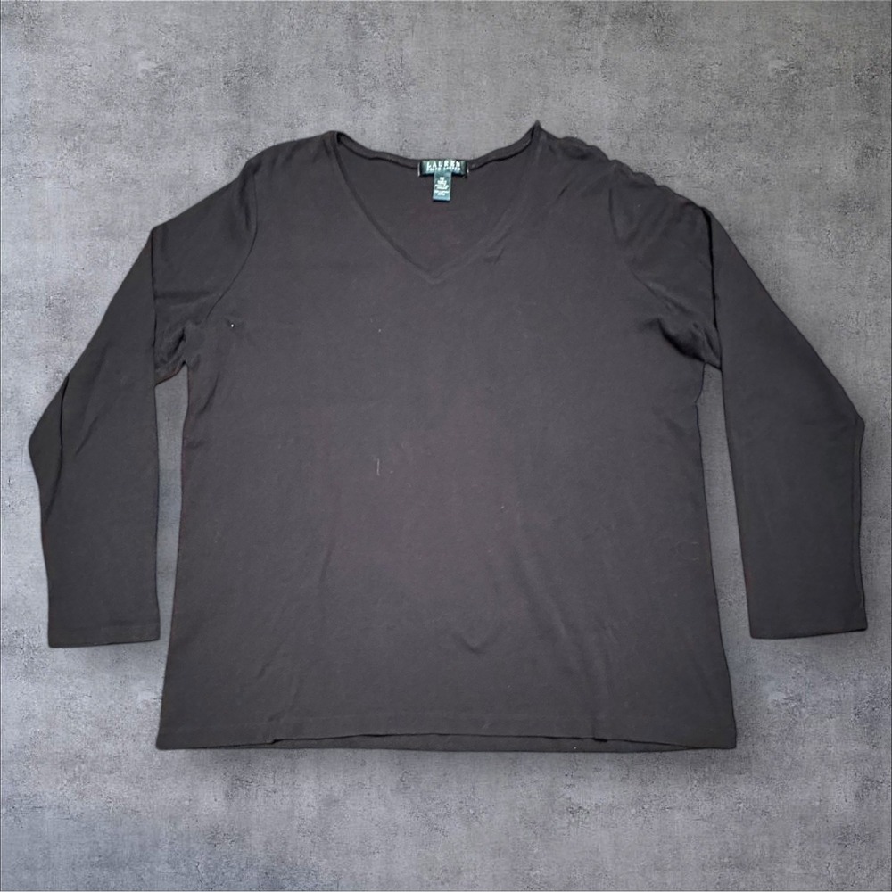 Ralph Lauren Women's Pretty Black Top - Long Sleeve Button Detail - V Neck Sz 1X